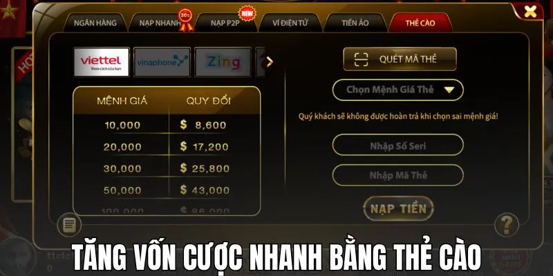 Tăng vốn cược nhanh bằng thẻ cào